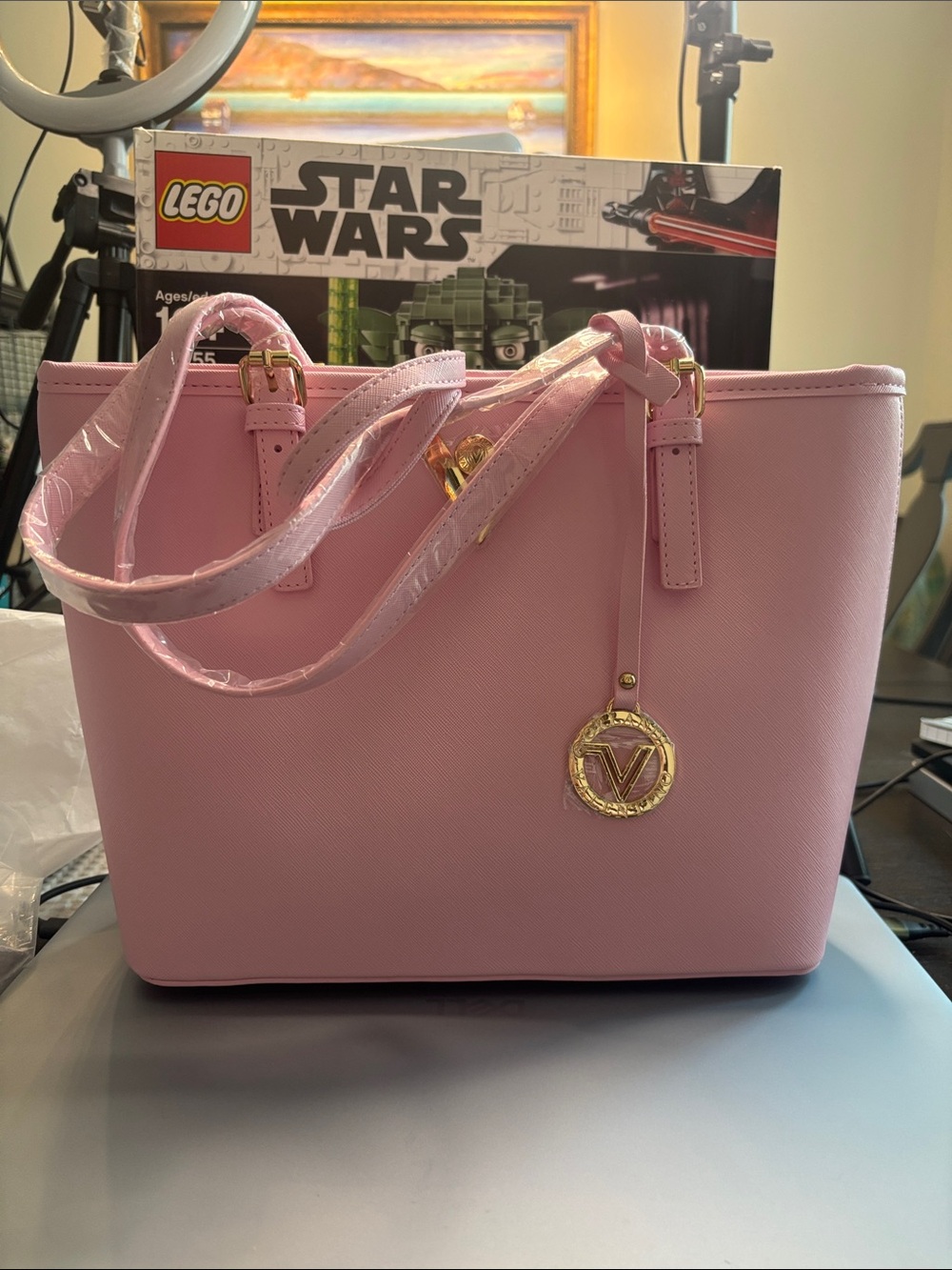 Valentino Orlandi Pink Tote with Gold Emblem